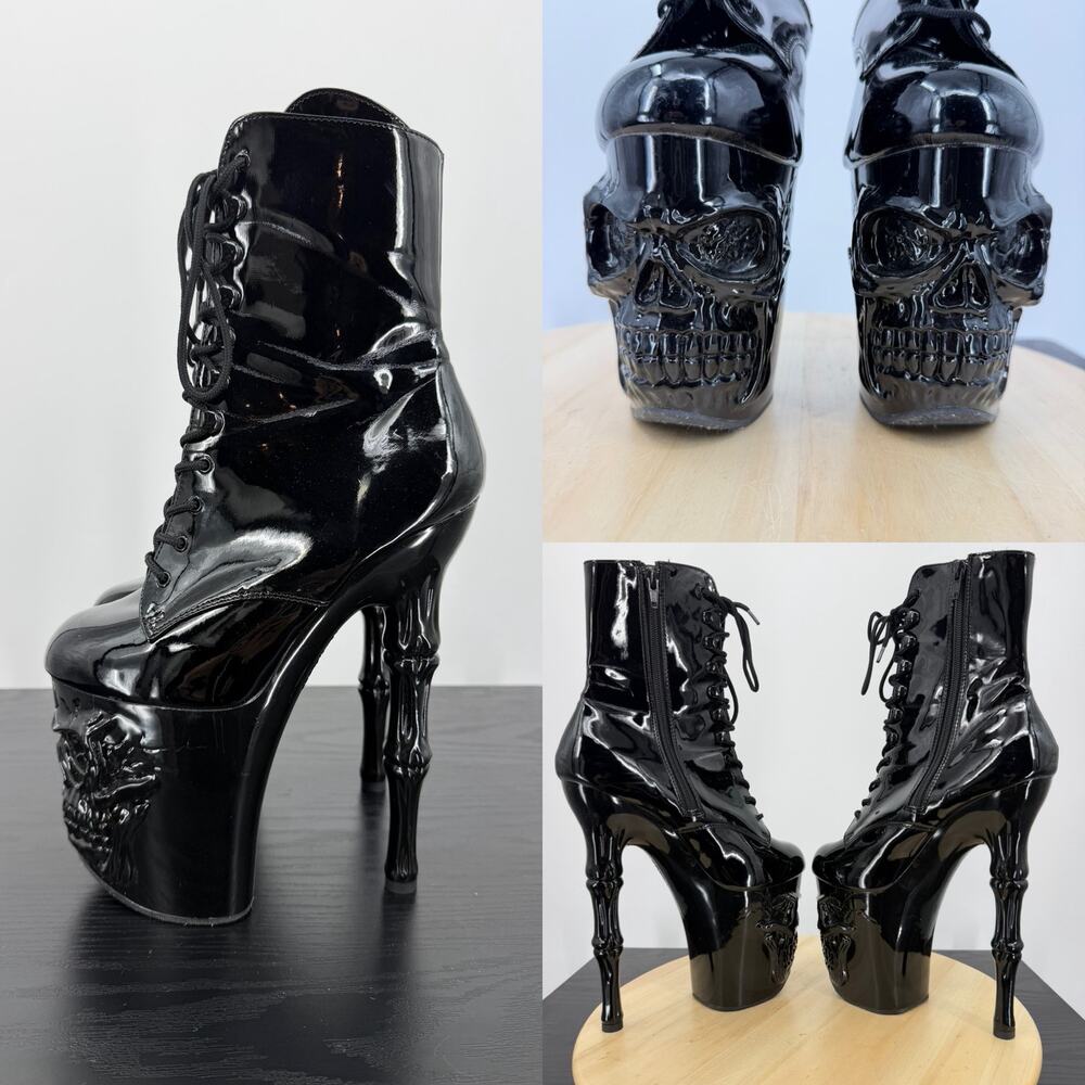 Rapture Black Patent Skull & Bones 8" High Heel Platform Ankle Boots Size 8 Goth